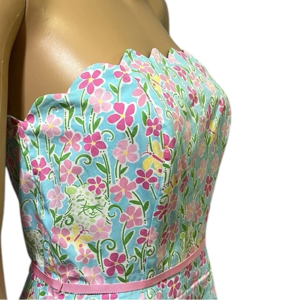 Lilly Pulitzer Strapless Wave Blue Floral Butterfly Tiger Scalloped Trim Dress 6 - Picture 6 of 13